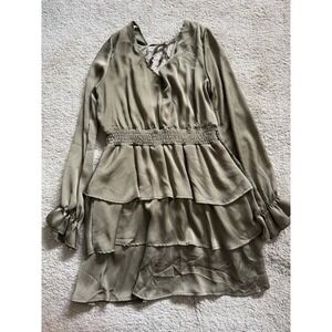Altar'd State Olive Green Mini‎ Dress Long Sleeve V-Neck Size Medium Ruffled